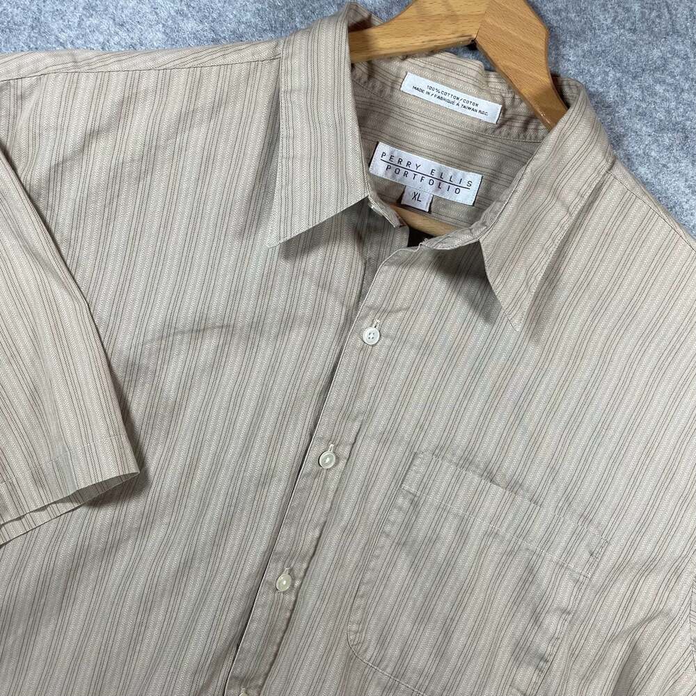Vintage Perry Ellis Portfolio Men's XL Short Sleeve‎ Button Down Shirt Beige